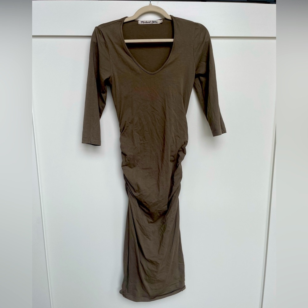 Michael Stars Ruched Midi Olive Green Bodycon Dress